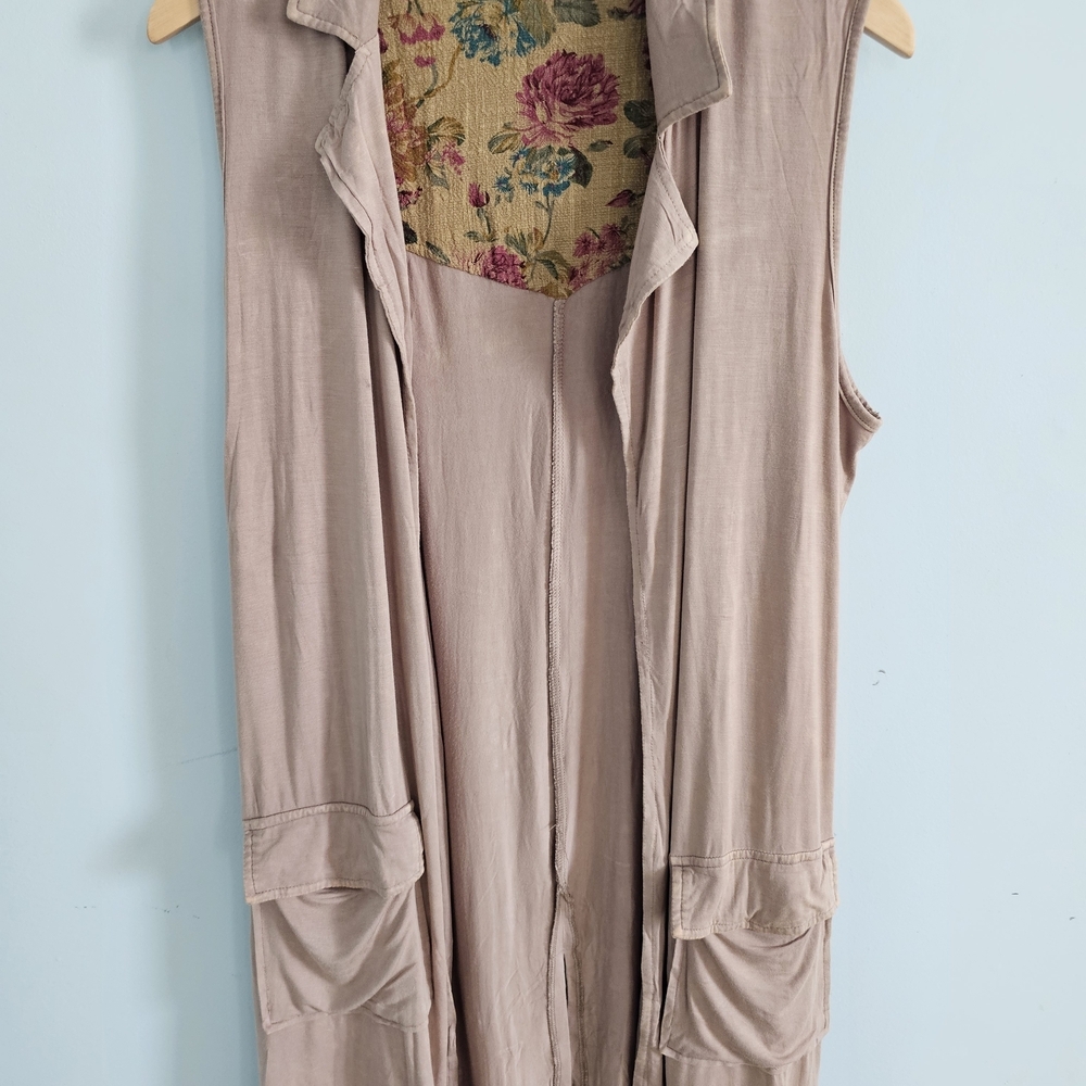 POL Tan Sleeveless Fringed Western Distressed Brown Duster Size‎ Small